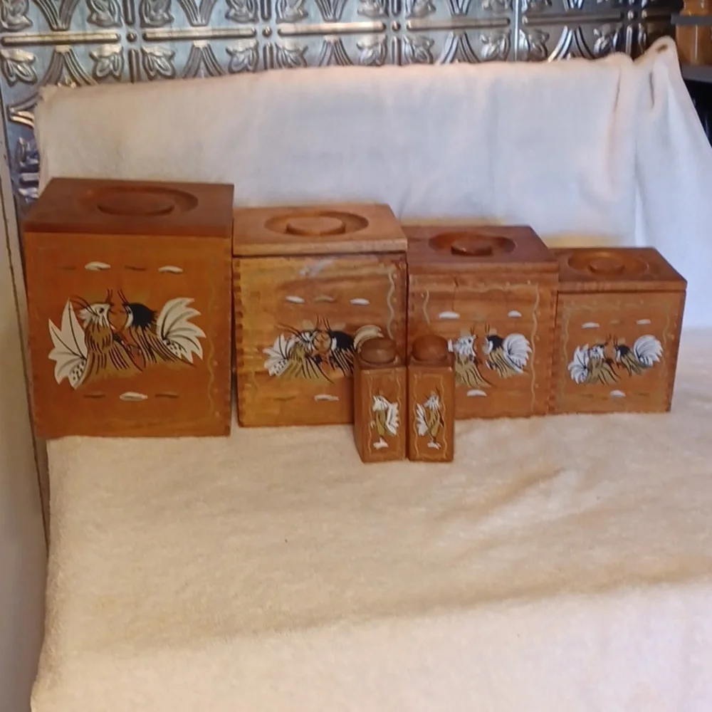 Wooden canister set and salt and pepper shakers vintage kitchen decor